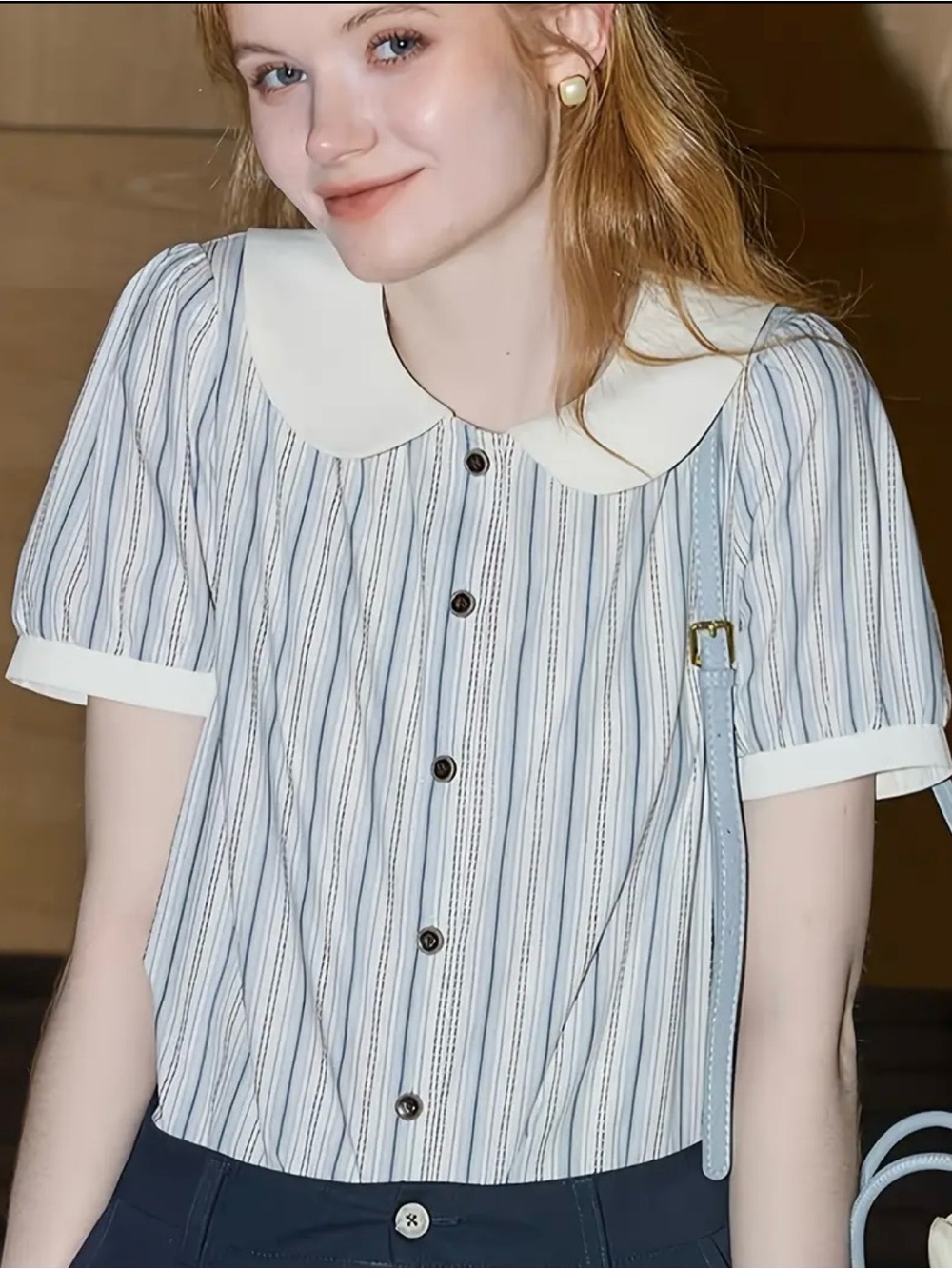 🍂3/$25-Classic Peter Pan Collar Striped Blouse - Light Blue/Ivory